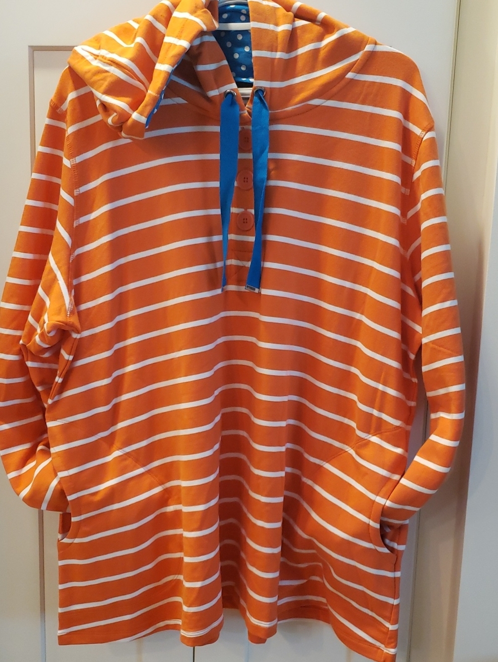 Susan Graver Weekend Orange & Blue Striped Polka-Dot Hoodie, Size XL
